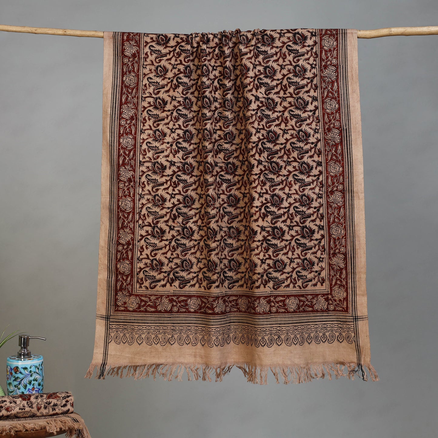 Beige - Handloom Cotton Natural Dyed Block Print Pedana Kalamkari Towel 17