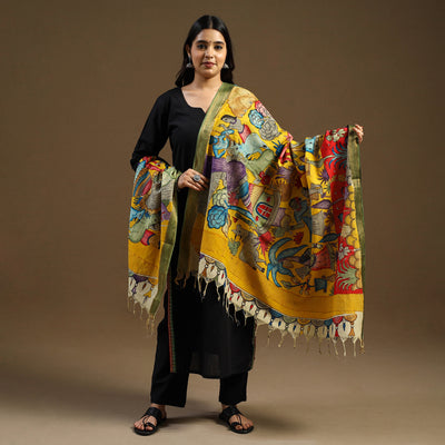 Pen Work Mangalagiri Cotton Handpainted Kalamkari Dupatta