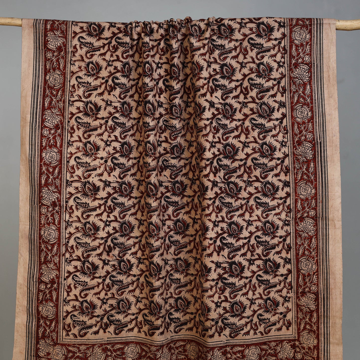 Beige - Handloom Cotton Natural Dyed Block Print Pedana Kalamkari Towel 17