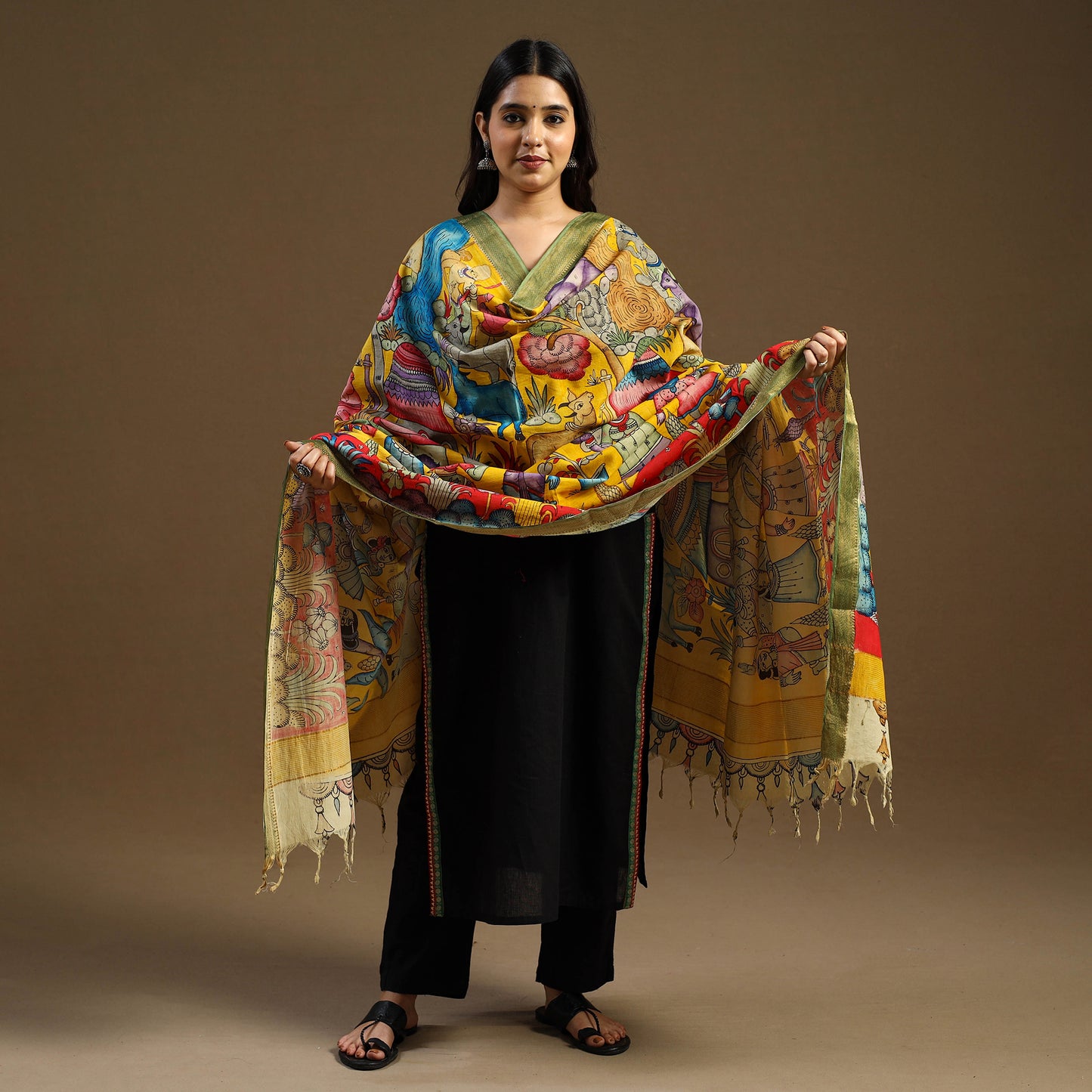 Pen Work Mangalagiri Cotton Handpainted Kalamkari Dupatta