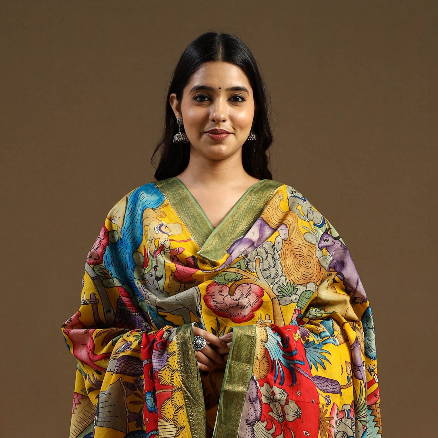 Pen Work Mangalagiri Cotton Handpainted Kalamkari Dupatta