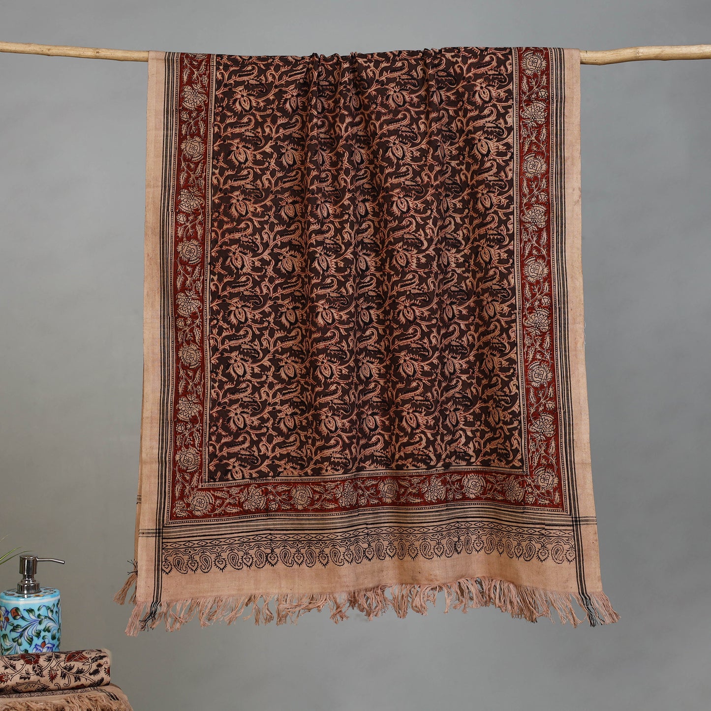 Beige - Handloom Cotton Natural Dyed Block Print Pedana Kalamkari Towel 18