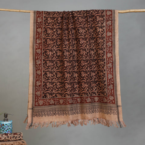 Beige - Handloom Cotton Natural Dyed Block Print Pedana Kalamkari Towel 18