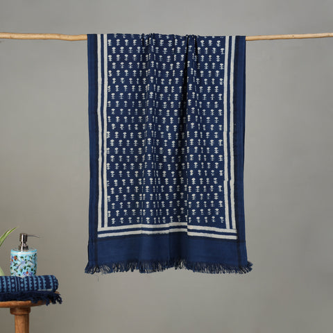 Blue - Pipad Hand Block Print Natural Dyed Pure Handloom Cotton Towel 03