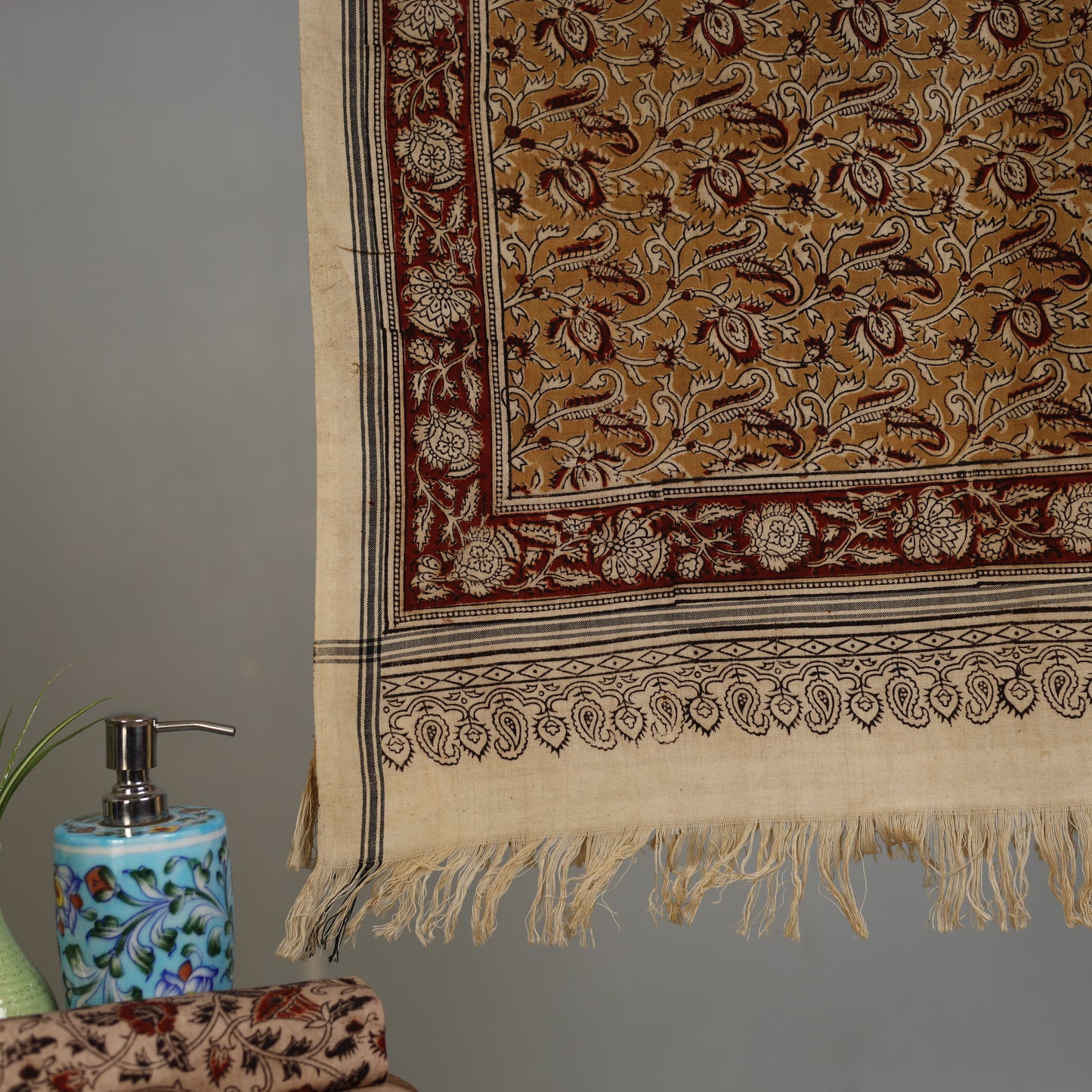 Yellow - Handloom Cotton Natural Dyed Block Print Pedana Kalamkari Towel 19