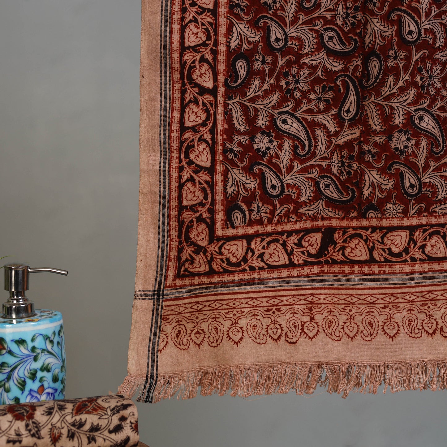 Maroon - Handloom Cotton Natural Dyed Block Print Pedana Kalamkari Towel 21