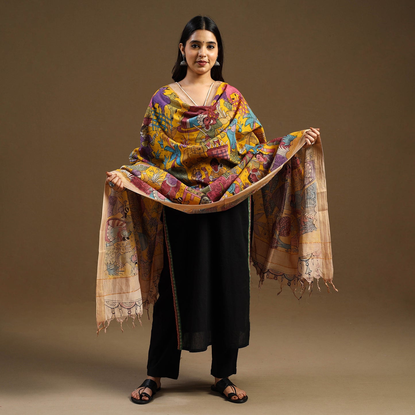 Pen Work Mangalagiri Cotton Handpainted Kalamkari Dupatta