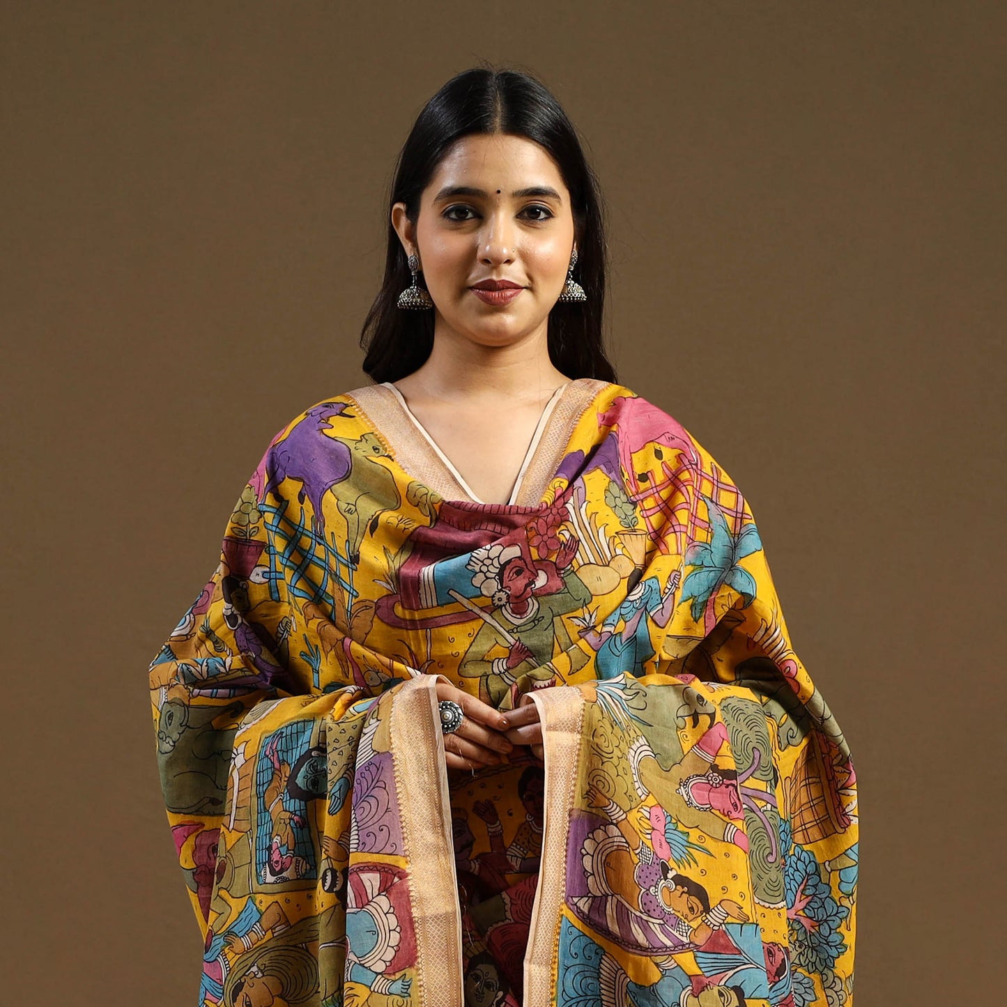 Pen Work Mangalagiri Cotton Handpainted Kalamkari Dupatta