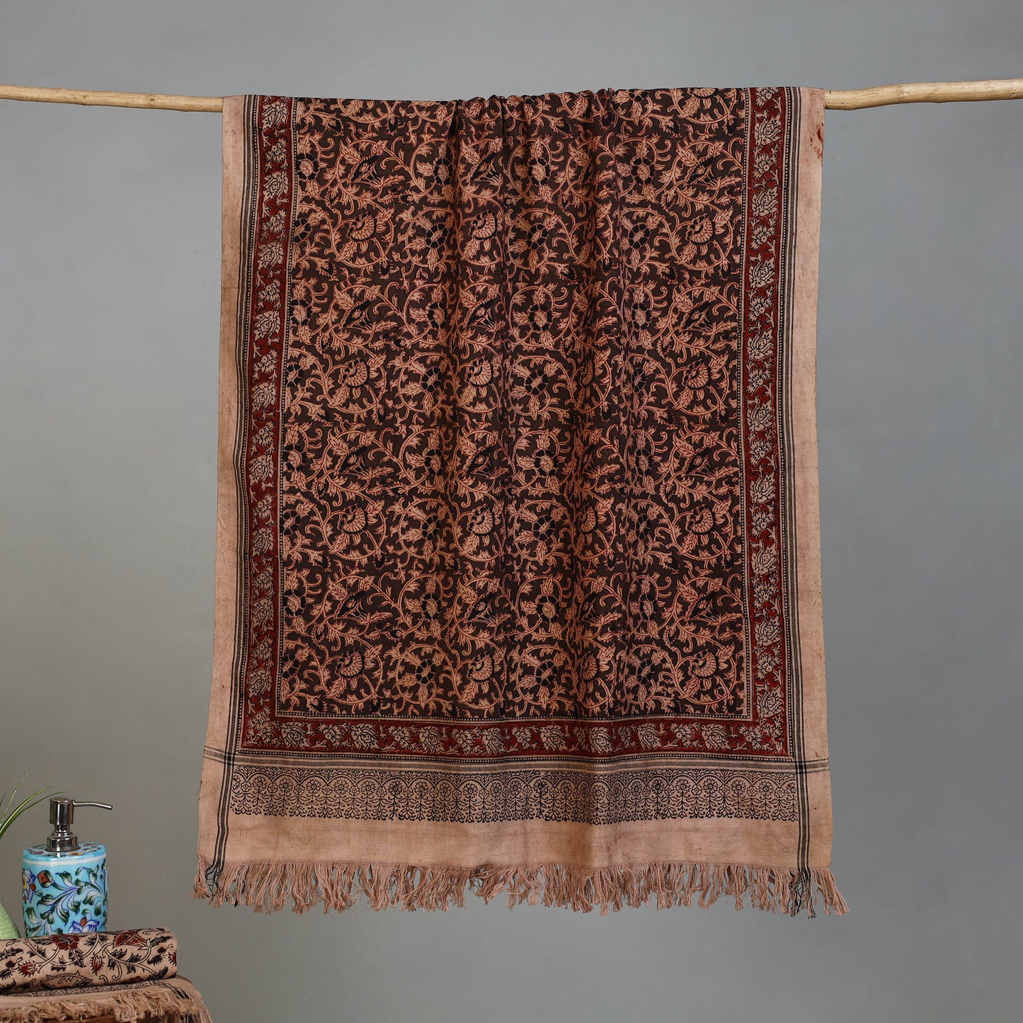 Brown - Handloom Cotton Natural Dyed Block Print Pedana Kalamkari Towel 23