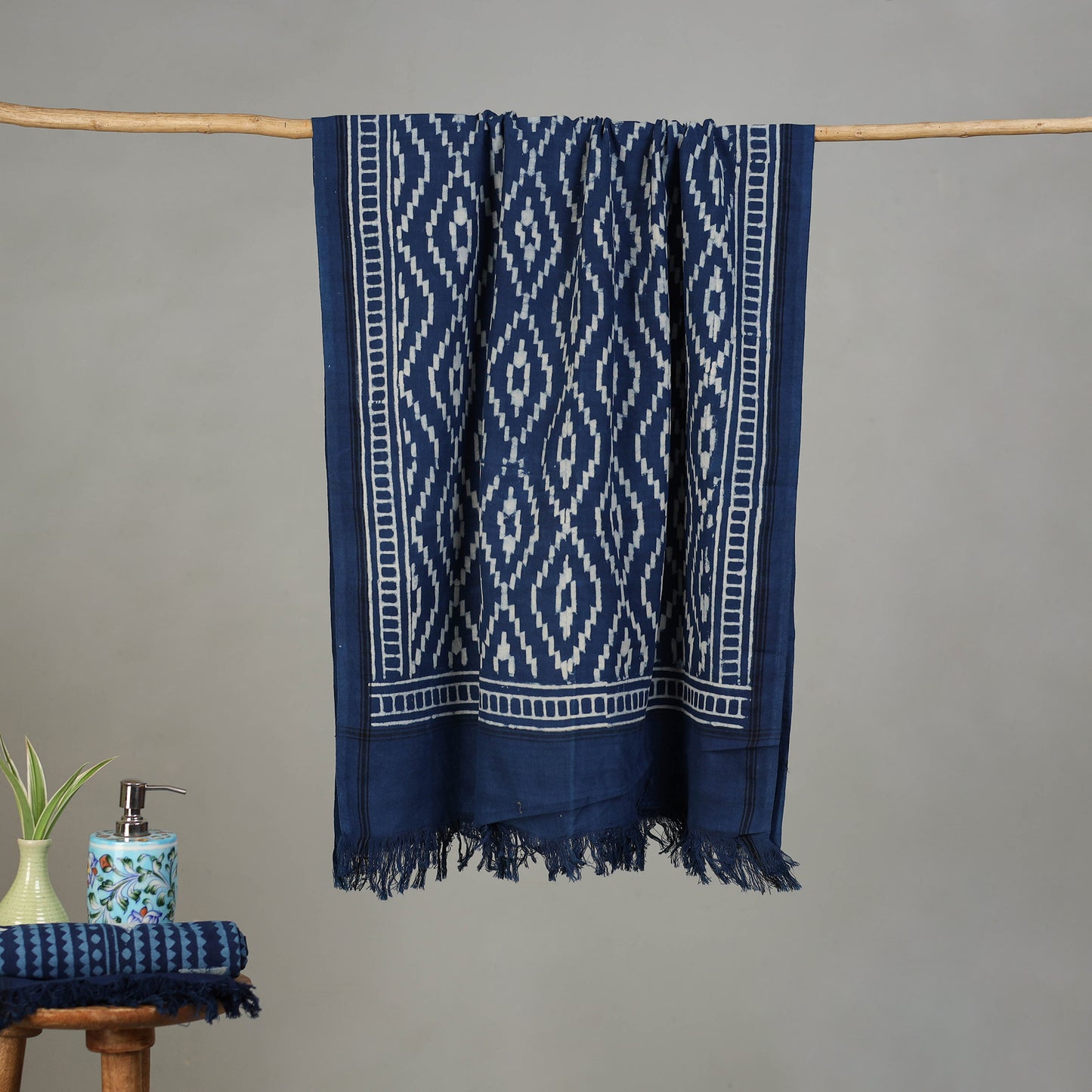 Blue - Pipad Hand Block Print Natural Dyed Pure Handloom Cotton Towel 07