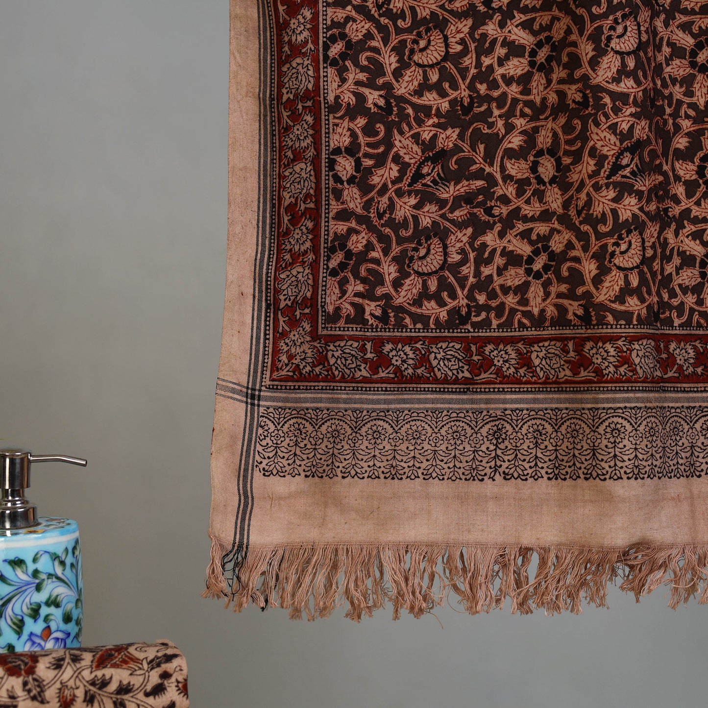 Brown - Handloom Cotton Natural Dyed Block Print Pedana Kalamkari Towel 23