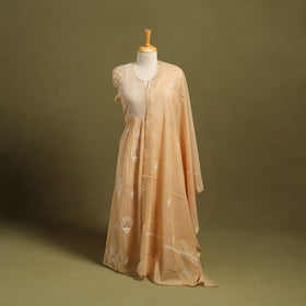 2pc Mul Chanderi Semi Stitched Orange Anarkali Heavy Chikankari Kurta Set