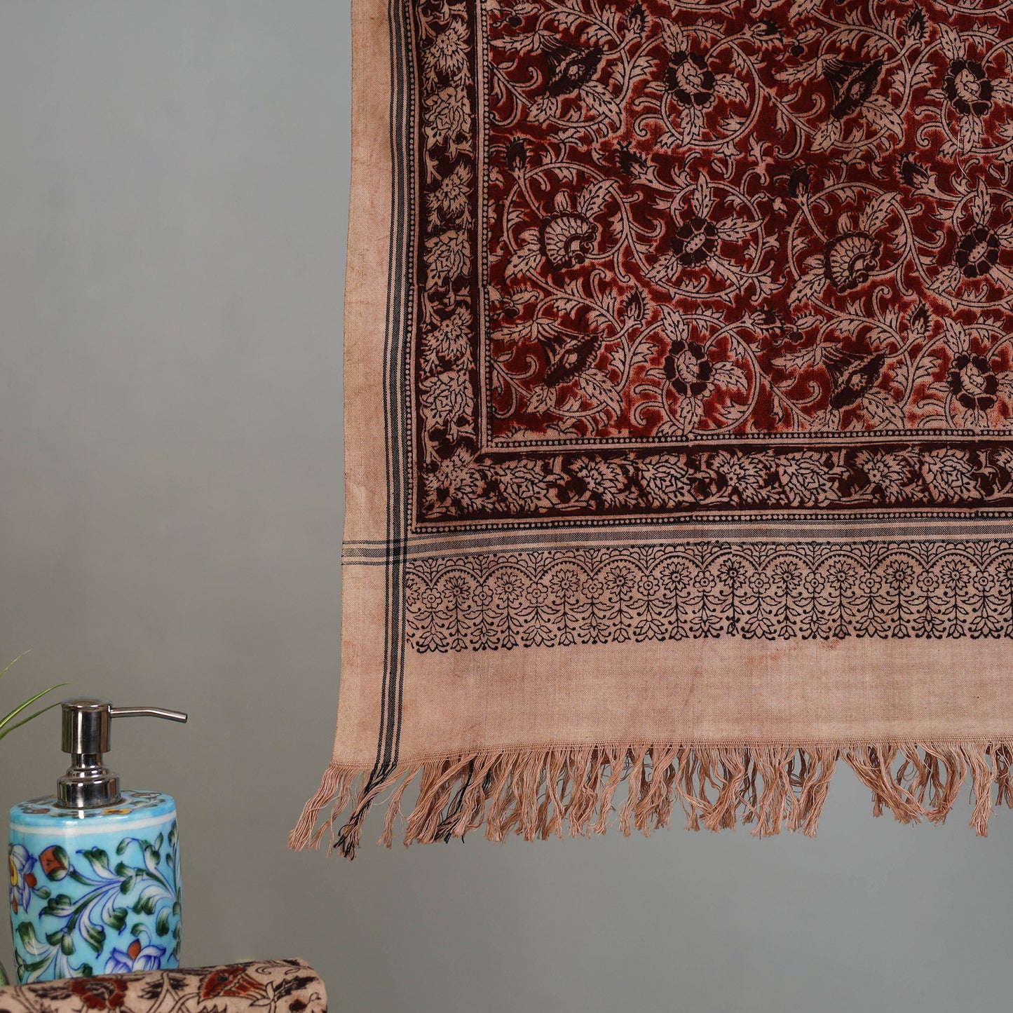 Maroon - Handloom Cotton Natural Dyed Block Print Pedana Kalamkari Towel 24