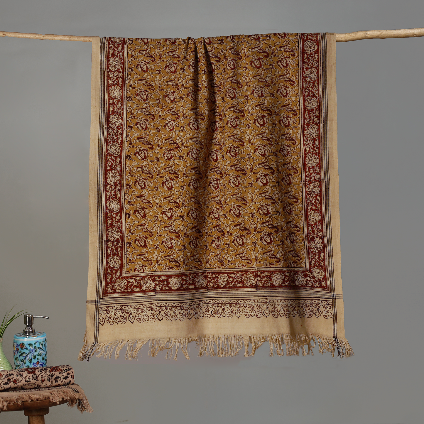 Yellow - Handloom Cotton Natural Dyed Block Print Pedana Kalamkari Towel 19