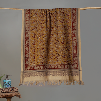 Yellow - Handloom Cotton Natural Dyed Block Print Pedana Kalamkari Towel 19