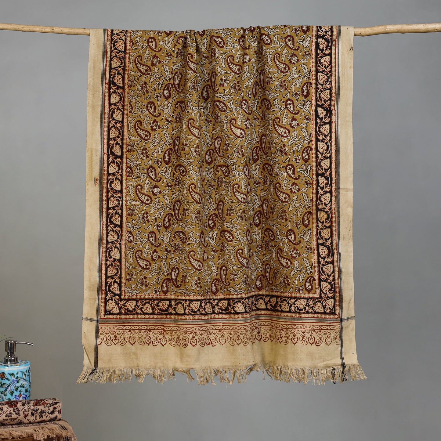 Yellow - Handloom Cotton Natural Dyed Block Print Pedana Kalamkari Towel 26