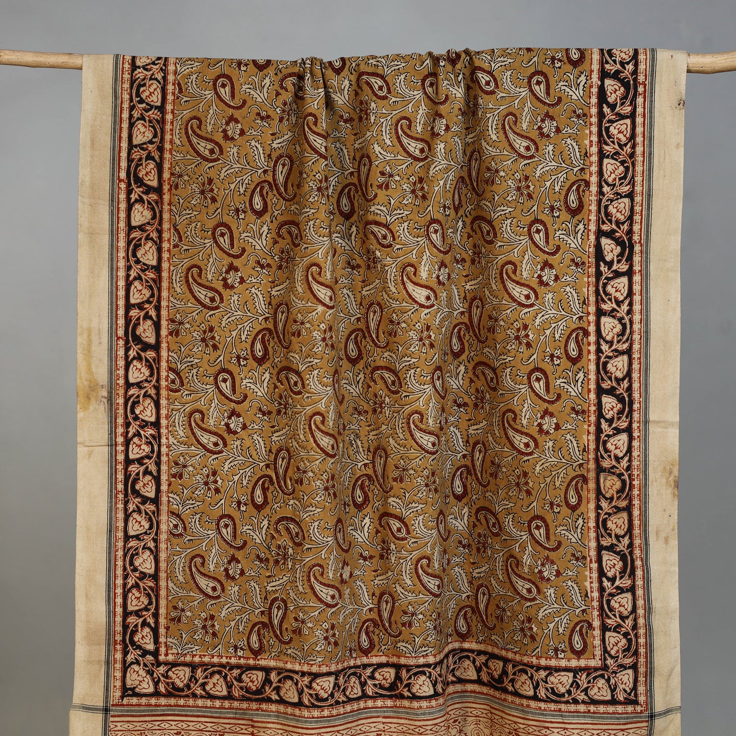 Yellow - Handloom Cotton Natural Dyed Block Print Pedana Kalamkari Towel 26