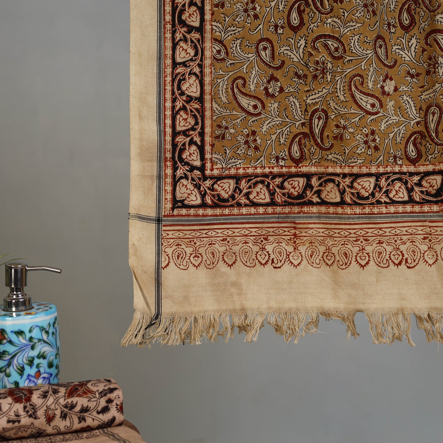 Yellow - Handloom Cotton Natural Dyed Block Print Pedana Kalamkari Towel 26