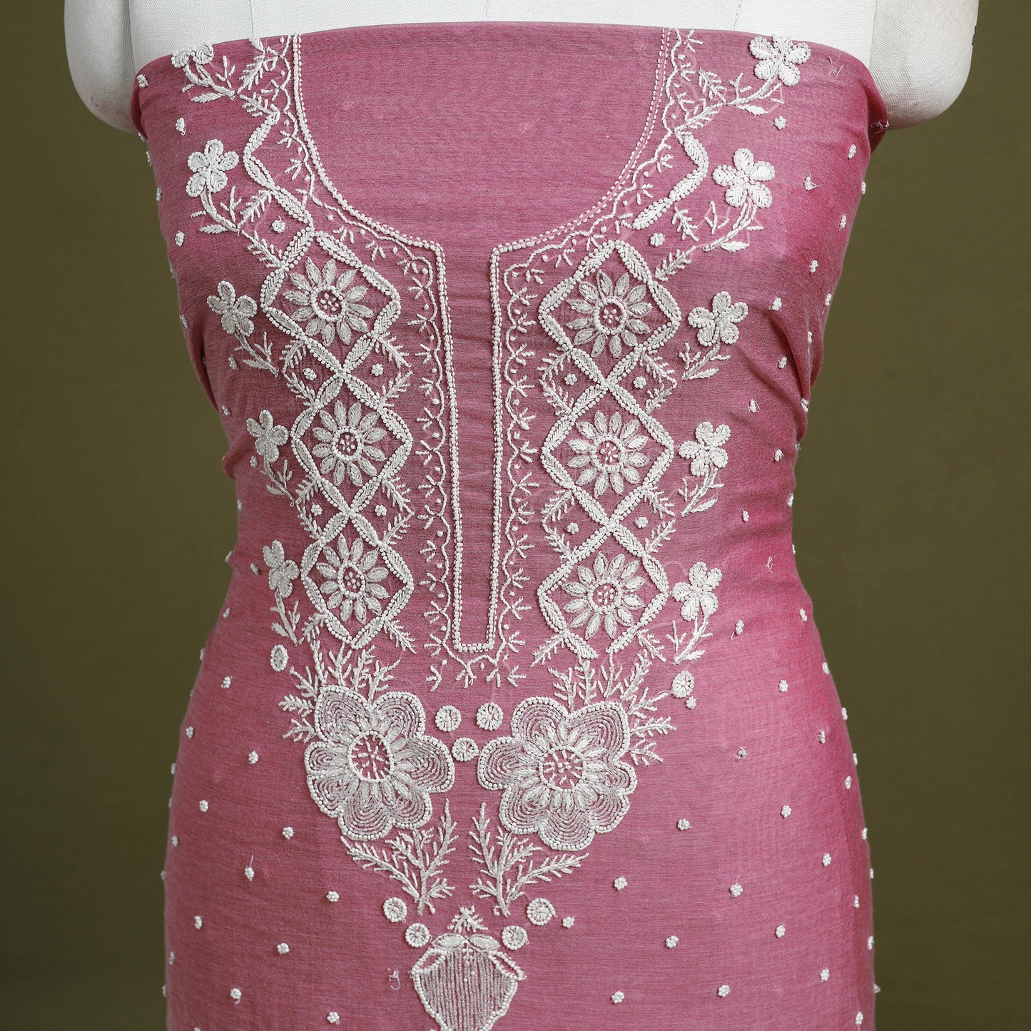 Pink Hand Embroidery 2pc Mul Chanderi Chikankari Dress Material