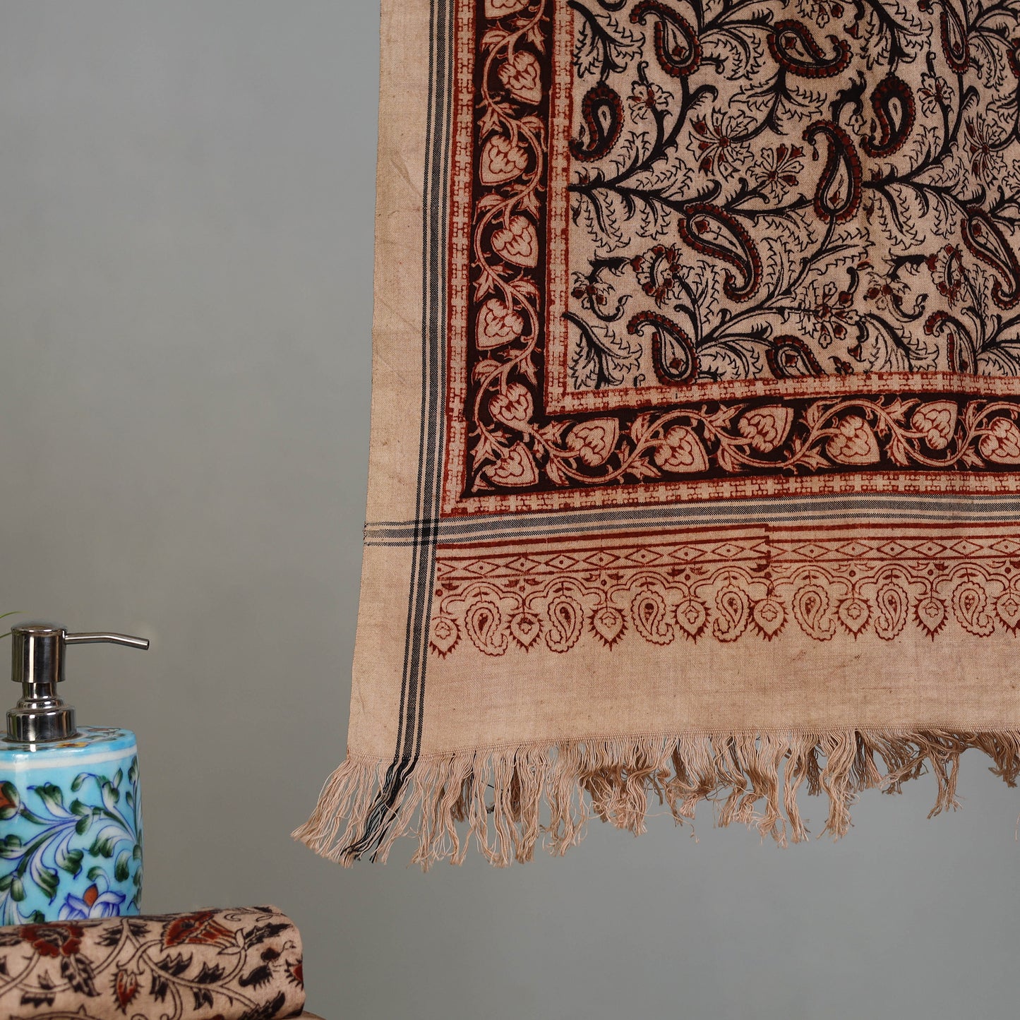 Beige - Handloom Cotton Natural Dyed Block Print Pedana Kalamkari Towel 27