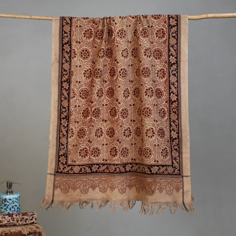 Beige - Handloom Cotton Natural Dyed Block Print Pedana Kalamkari Towel 28