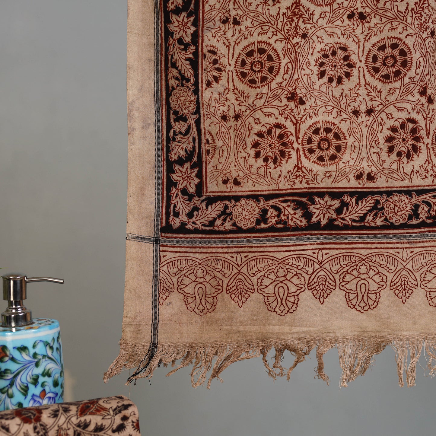 Beige - Handloom Cotton Natural Dyed Block Print Pedana Kalamkari Towel 28