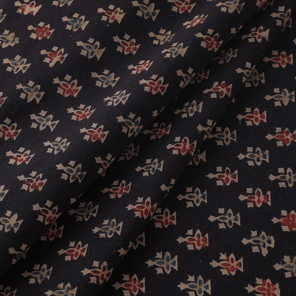 Black with Geometrical Floral Block Print Cotton Ajrakh Fabric