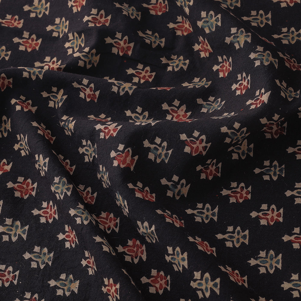 Black with Geometrical Floral Block Print Cotton Ajrakh Fabric