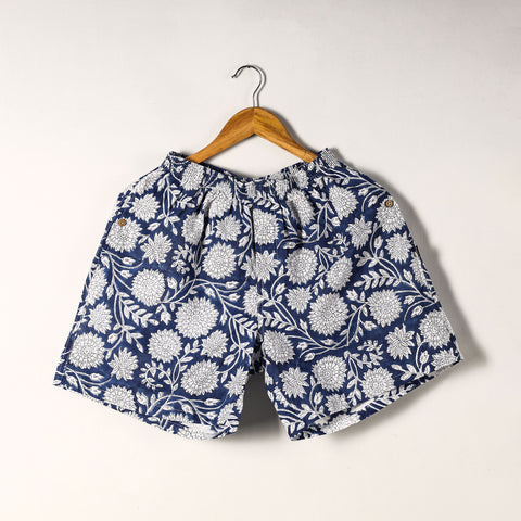 Blue - Sanganeri Block Printed Cotton Unisex Boxer/Shorts