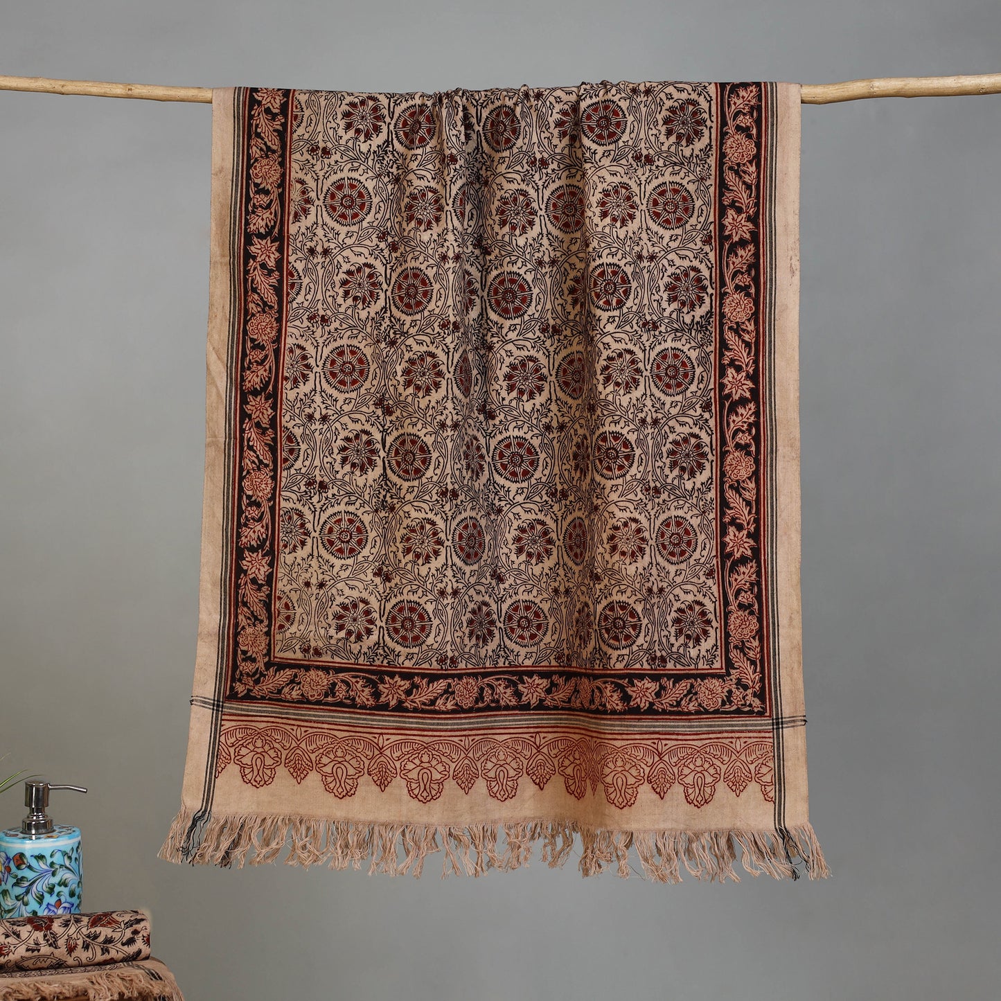 Beige - Handloom Cotton Natural Dyed Block Print Pedana Kalamkari Towel 31