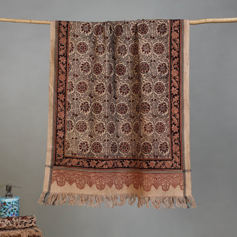 Beige - Handloom Cotton Natural Dyed Block Print Pedana Kalamkari Towel 31