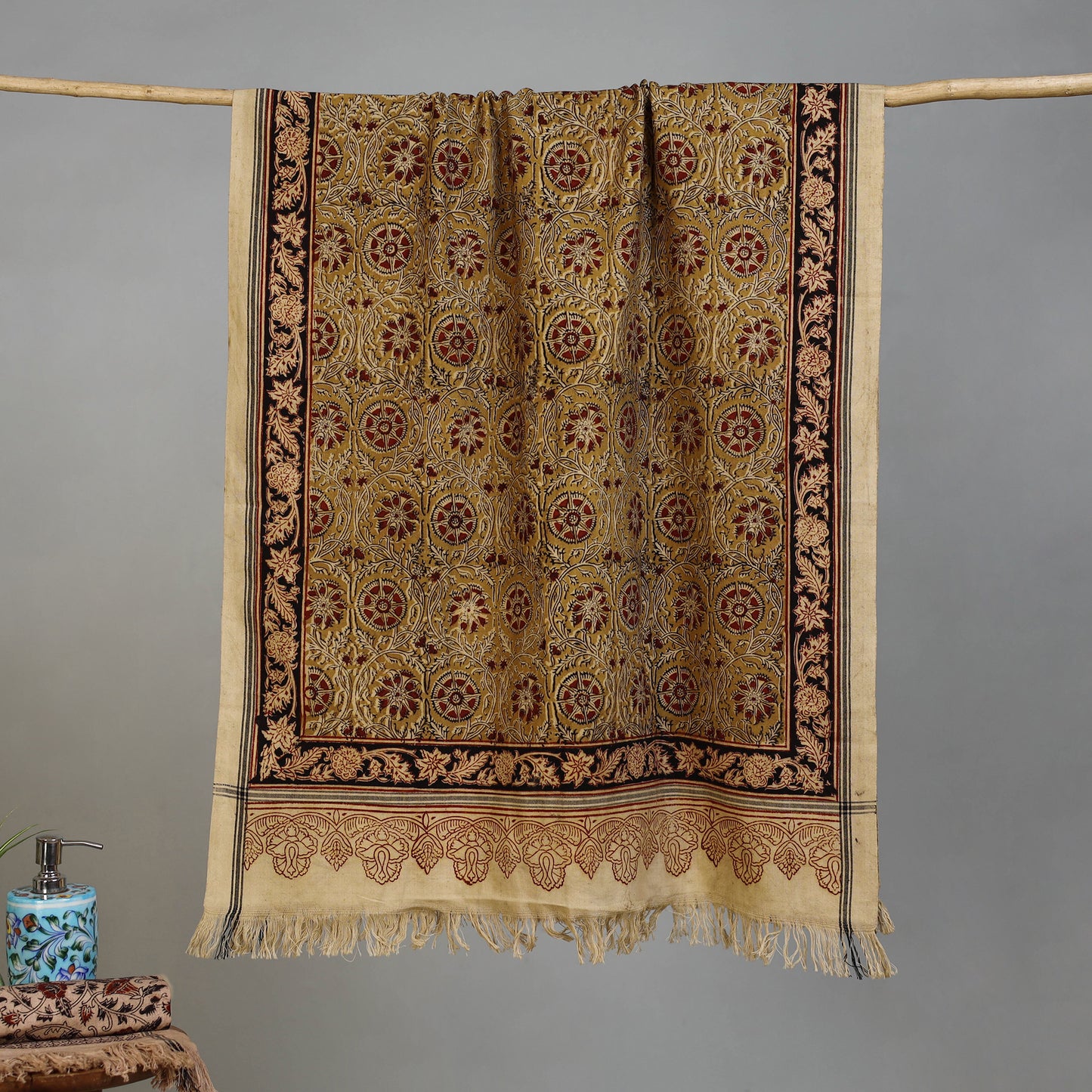 Yellow - Handloom Cotton Natural Dyed Block Print Pedana Kalamkari Towel 32