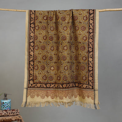 Yellow - Handloom Cotton Natural Dyed Block Print Pedana Kalamkari Towel 32