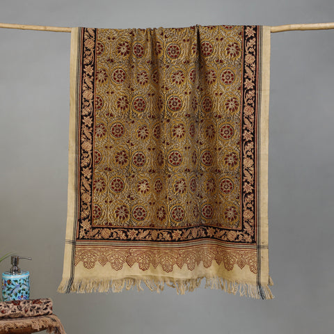 Yellow - Handloom Cotton Natural Dyed Block Print Pedana Kalamkari Towel 32