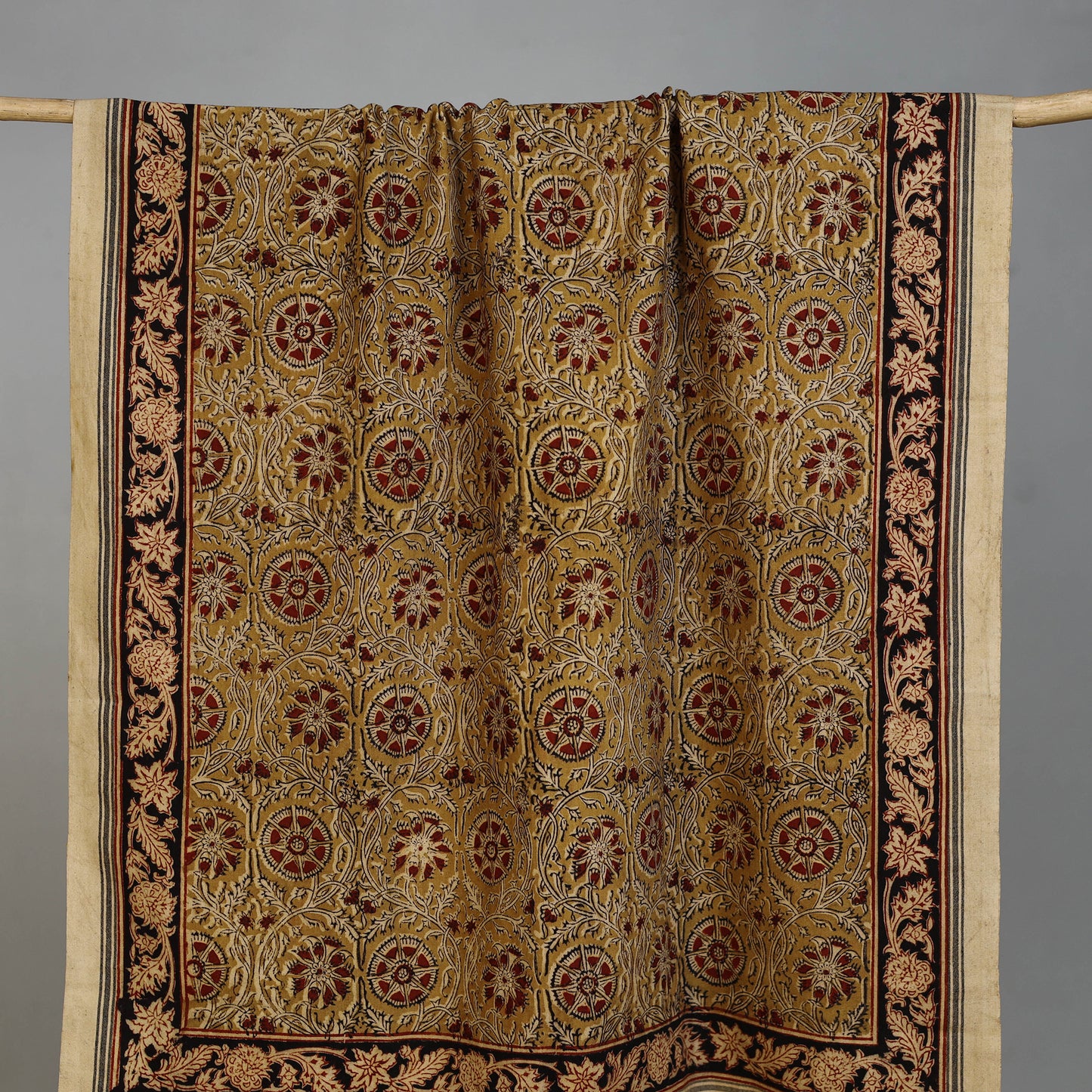 Yellow - Handloom Cotton Natural Dyed Block Print Pedana Kalamkari Towel 32