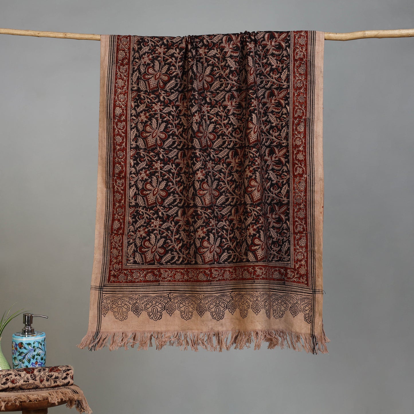 Brown - Handloom Cotton Natural Dyed Block Print Pedana Kalamkari Towel 34