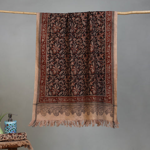 Brown - Handloom Cotton Natural Dyed Block Print Pedana Kalamkari Towel 34