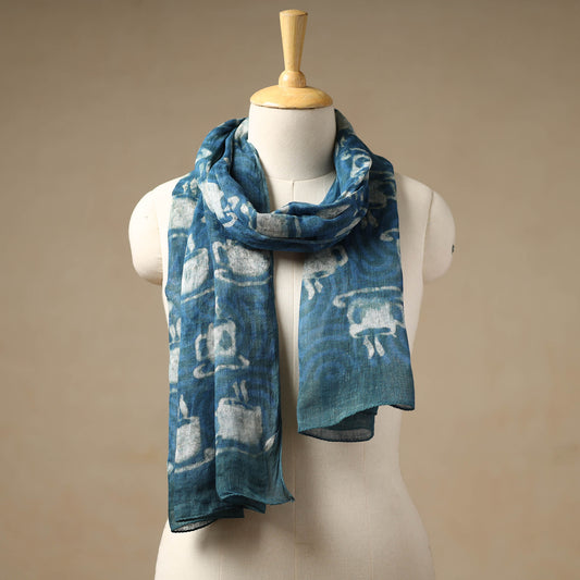 Blue - Bindaas Block Printed Natural Dyed Linen Handloom Stole 08