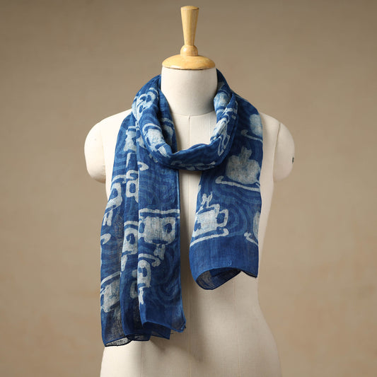 Blue - Bindaas Block Printed Natural Dyed Linen Handloom Stole 09
