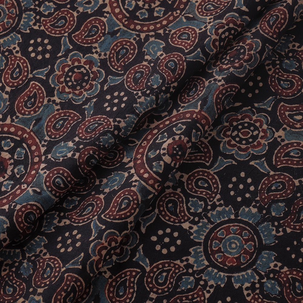 Black - Geometrical Paisley Designs Ajrakh Block Printed Cotton Fabric