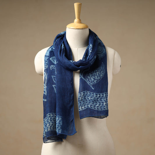 Blue - Bindaas Block Printed Natural Dyed Linen Handloom Stole 11