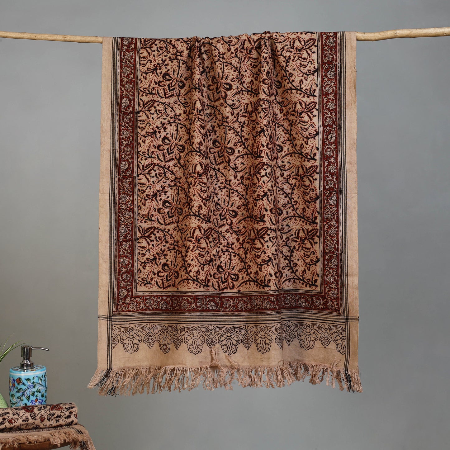 Beige - Handloom Cotton Natural Dyed Block Print Pedana Kalamkari Towel 37