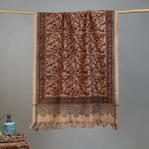 Beige - Handloom Cotton Natural Dyed Block Print Pedana Kalamkari Towel 37