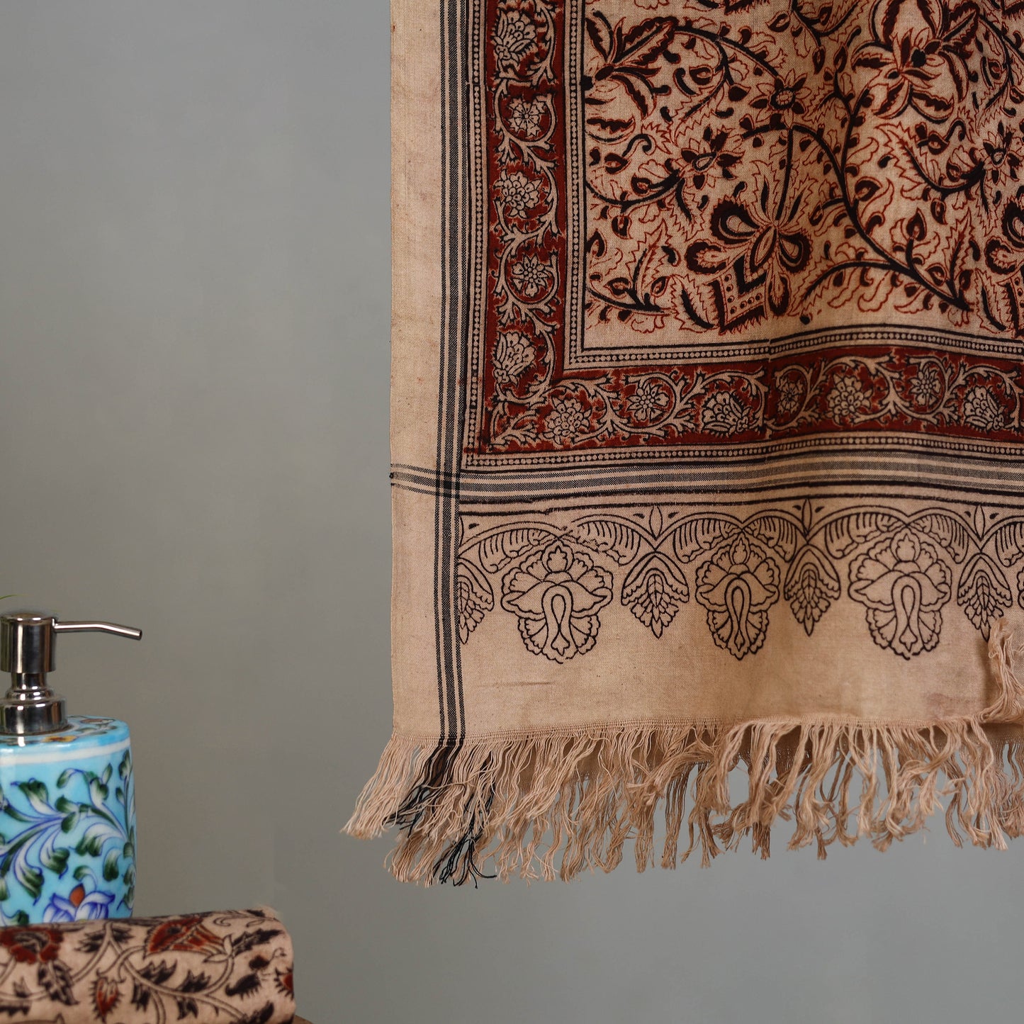 Beige - Handloom Cotton Natural Dyed Block Print Pedana Kalamkari Towel 37