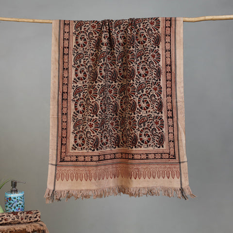 Beige - Handloom Cotton Natural Dyed Block Print Pedana Kalamkari Towel 38