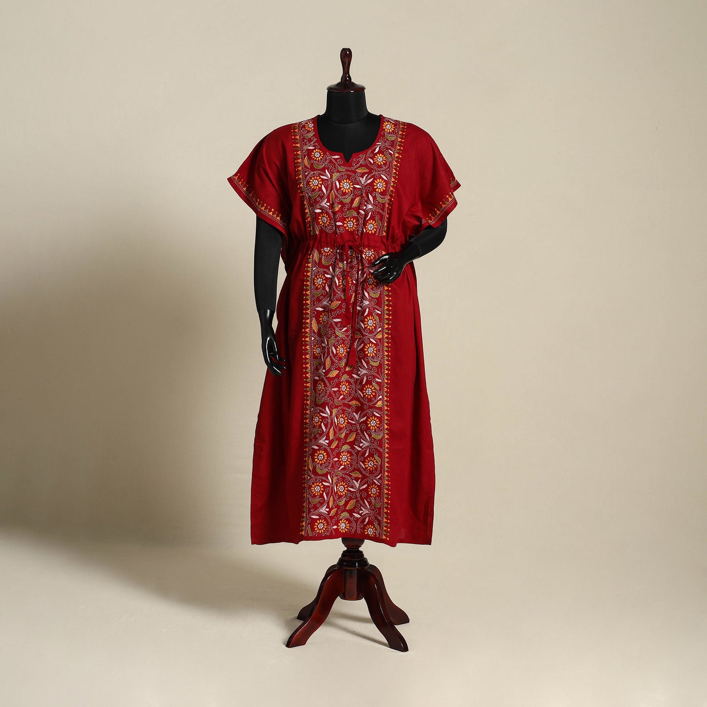 Maroon Bengal Kantha Hand Embroidery Cotton Kaftan (Long) 