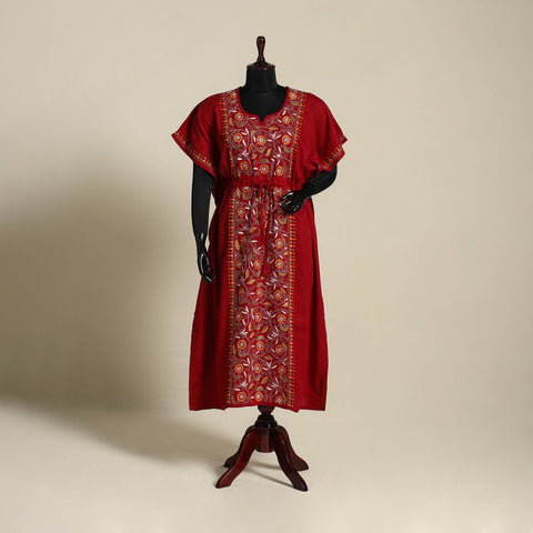 Maroon Bengal Kantha Hand Embroidery Cotton Kaftan (Long) 