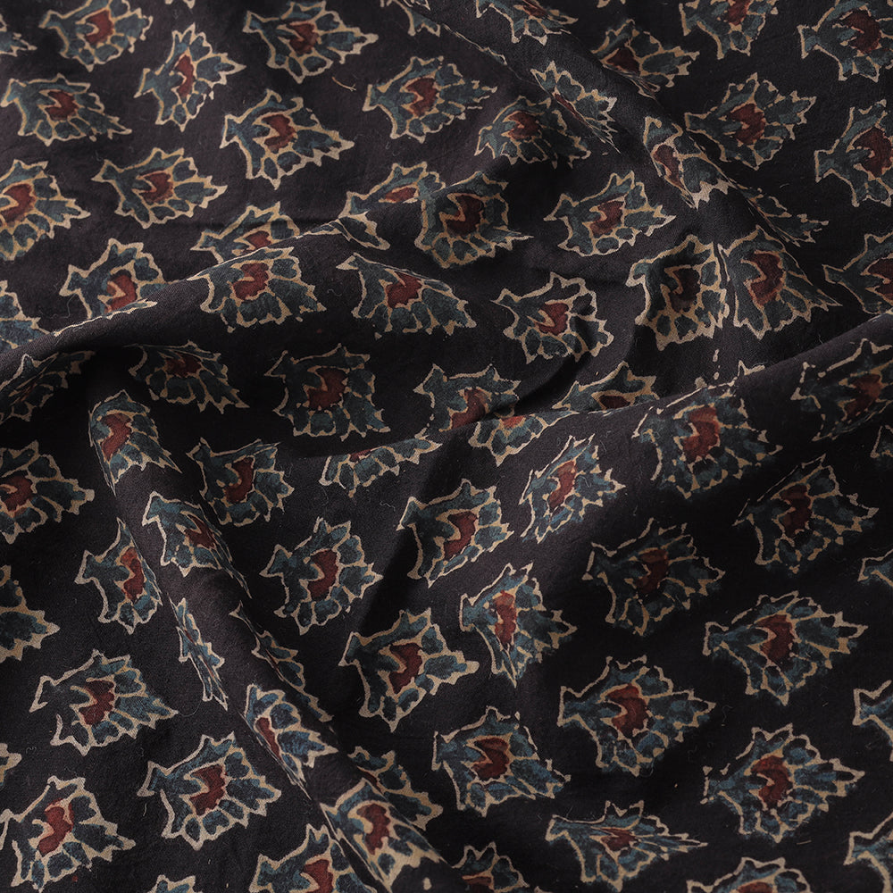 Black with Floral Buti Block Print Cotton Ajrakh Fabric