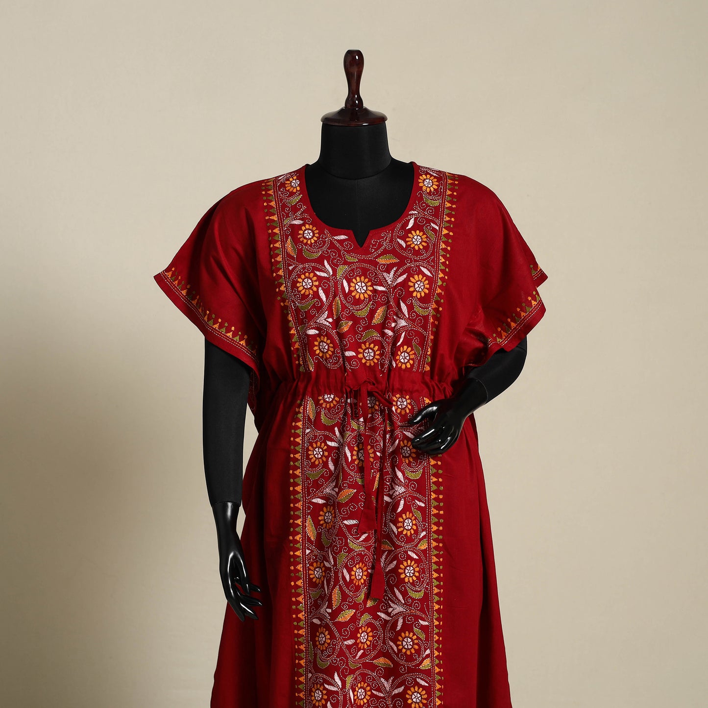 Maroon Bengal Kantha Hand Embroidery Cotton Kaftan (Long) 