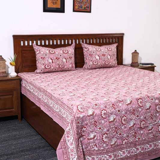 Pink - Sanganeri Block Printed Cotton Double Bed Cover with Pillow Covers (108 x 90 in)